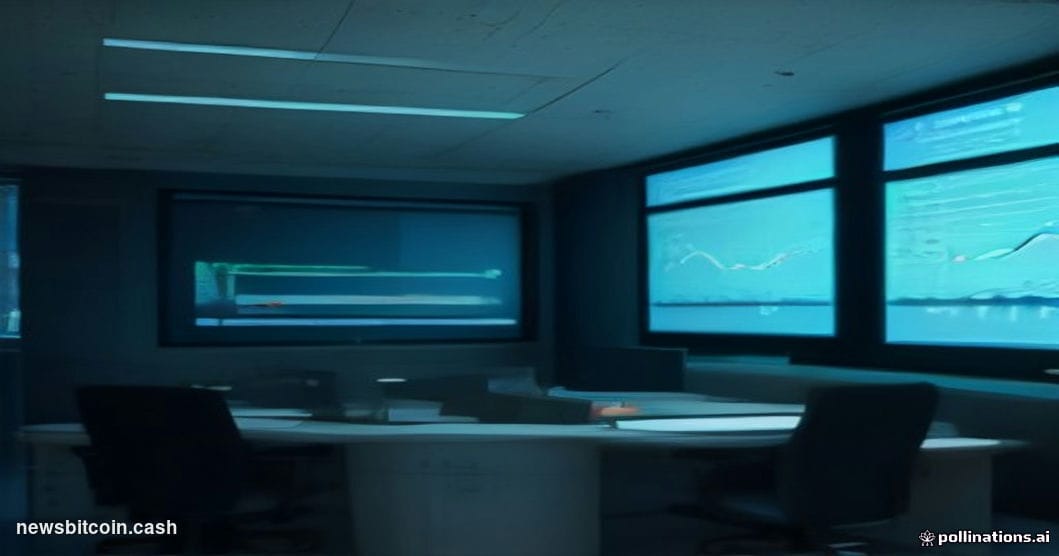 A cinematic photorealistic editorial photograph of a sleek institutional trading floor bathed in cool blue and amber lighting