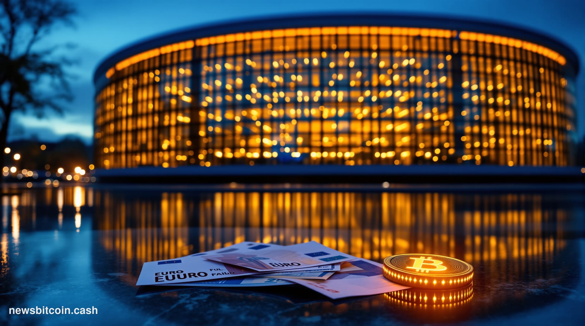Cinematic photorealistic editorial photograph of the European Parliament building in Strasbourg at dusk, its curved glass fac