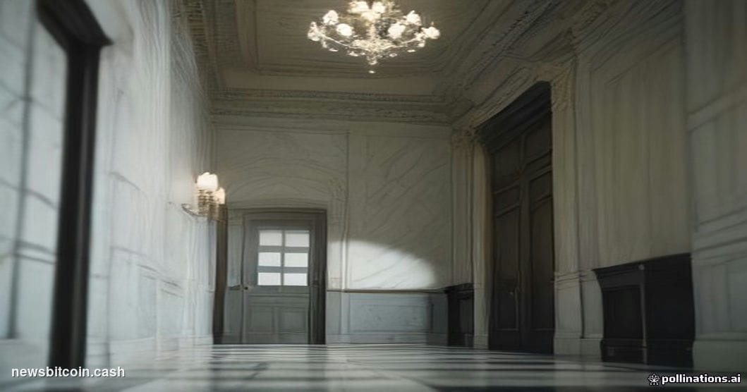A cinematic photorealistic editorial photograph taken inside a marble-floored federal courthouse corridor, shot from a low an