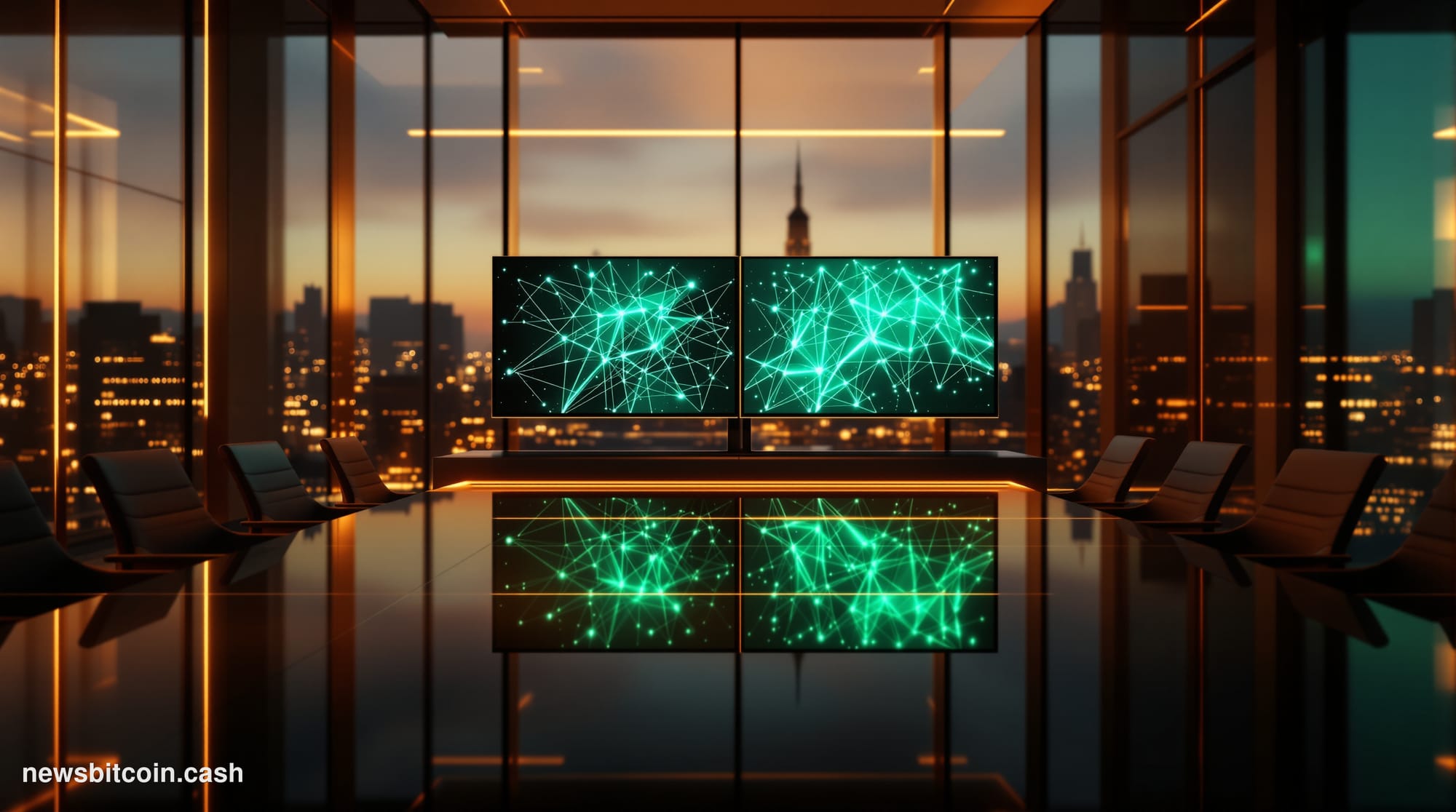 Cinematic photorealistic editorial photograph of a sleek modern corporate financial operations center, with dual large monito