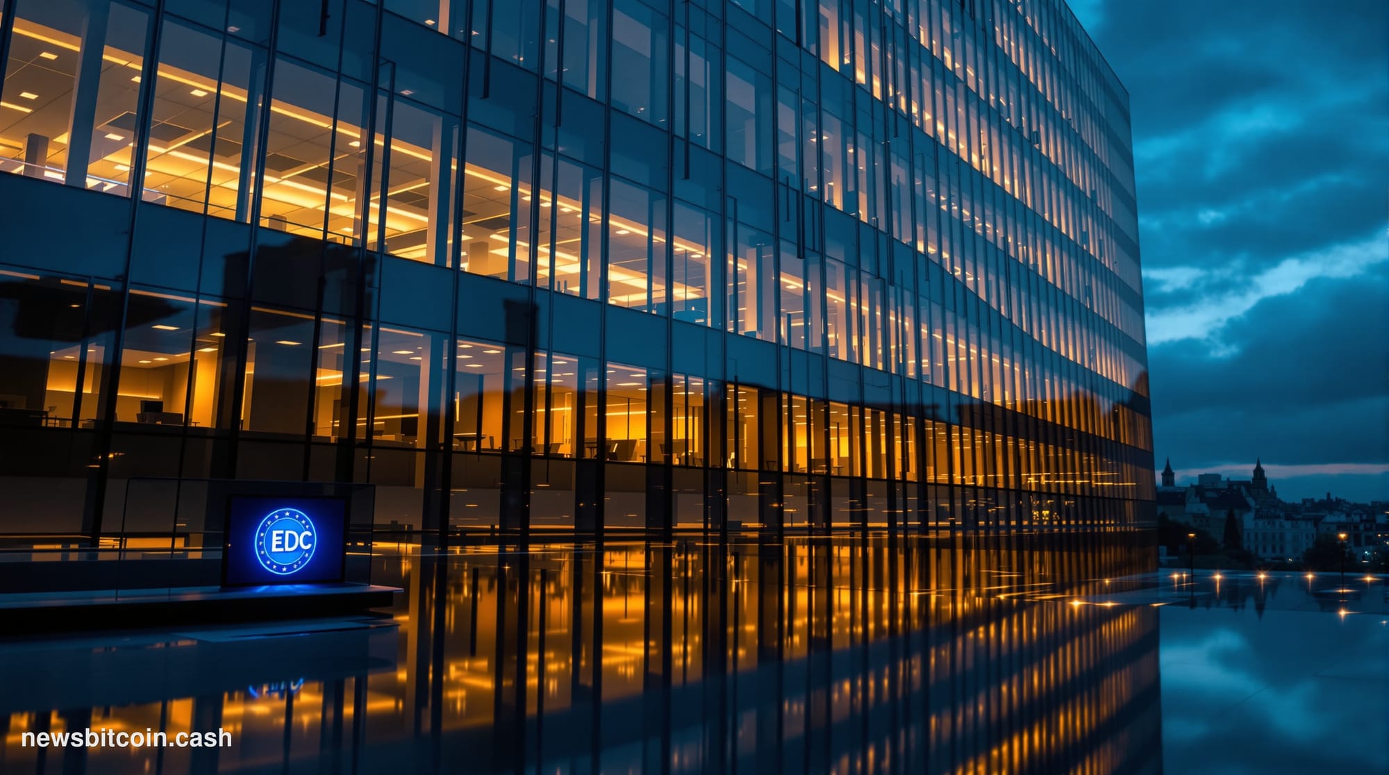 Cinematic photorealistic editorial photograph of the European Banking Authority's Paris headquarters at dusk, shot from a low