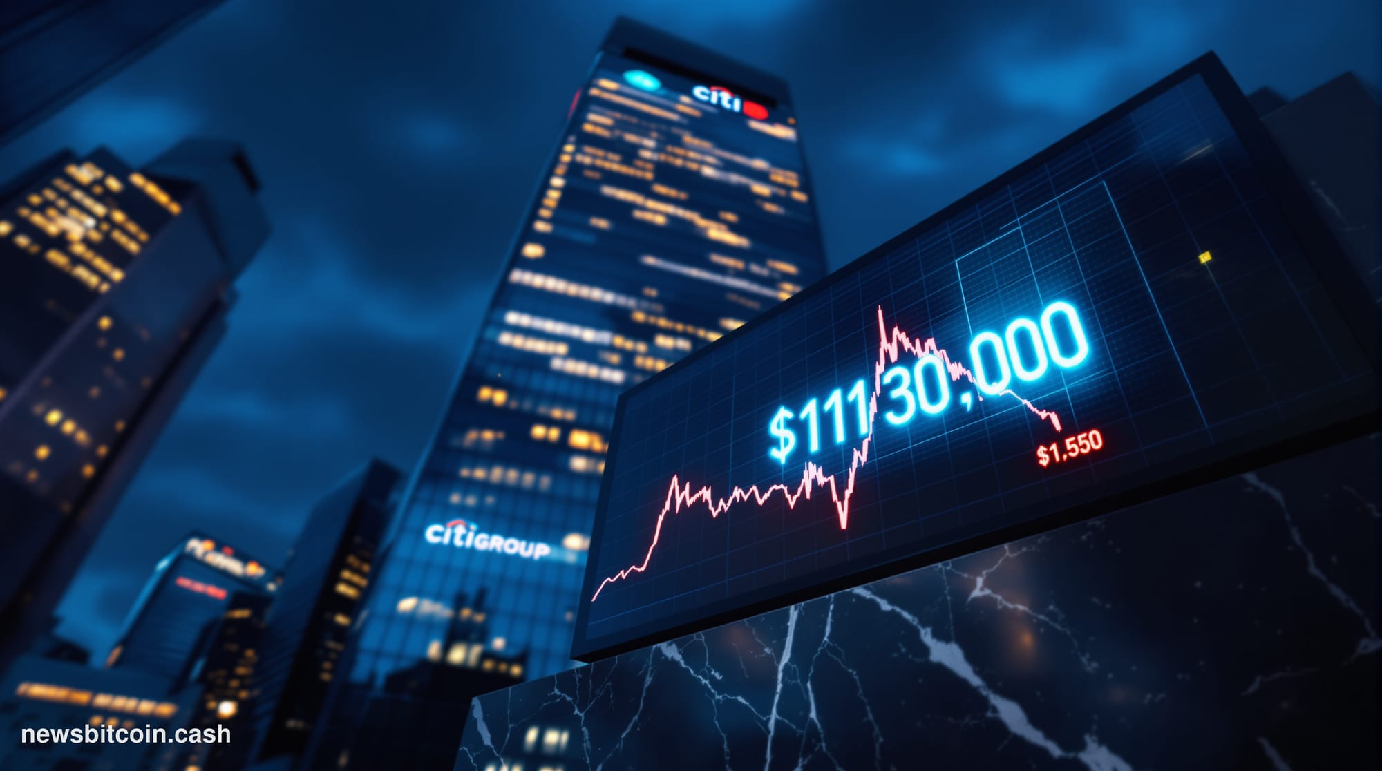 A cinematic photorealistic editorial photograph of Citigroup's iconic blue-glass Manhattan headquarters tower shot from a low