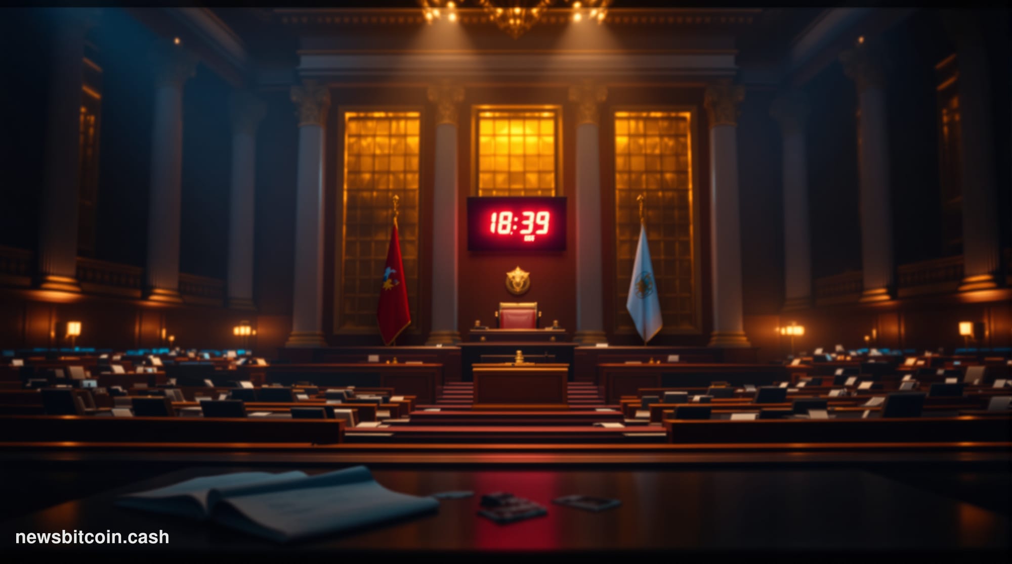 Cinematic photorealistic editorial photograph of the United States Senate chamber interior, captured from a low angle looking