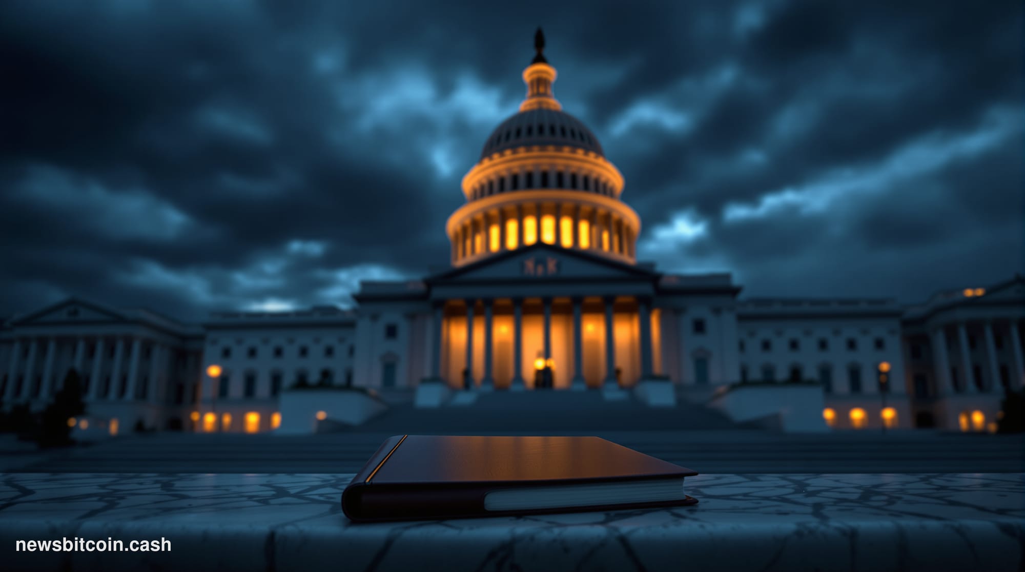 Cinematic photorealistic editorial photograph of the United States Capitol building at dusk, shot from a low angle at the bas