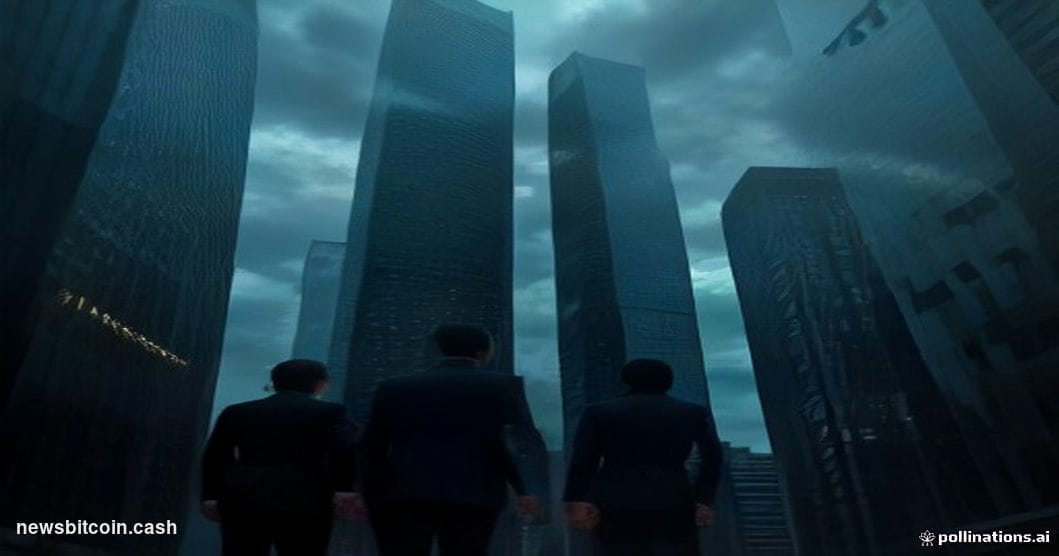 Cinematic photorealistic editorial photograph shot from a low angle looking up at three towering corporate skyscrapers repres