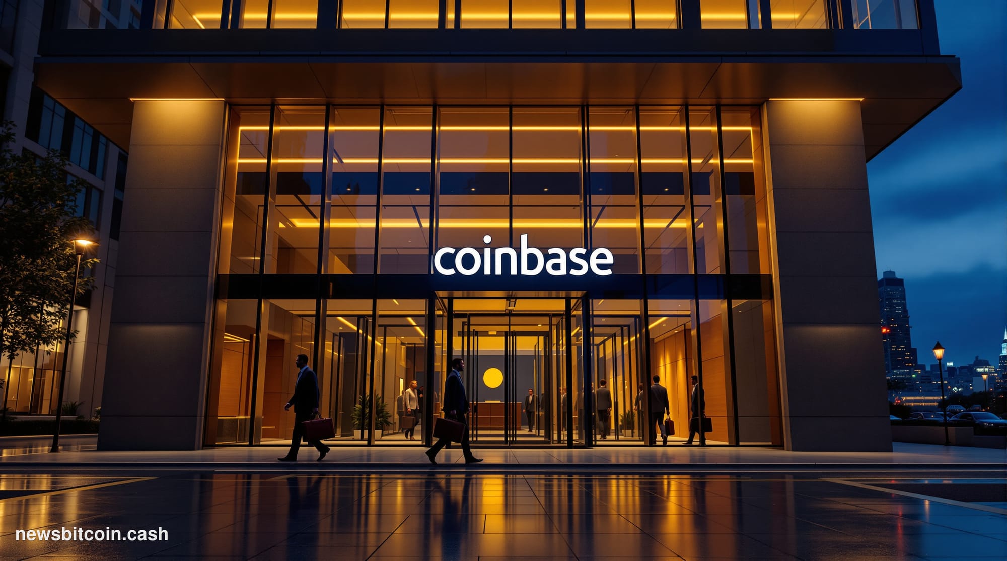 Cinematic photorealistic editorial photograph of the Coinbase headquarters exterior in San Francisco, shot at dusk from a low