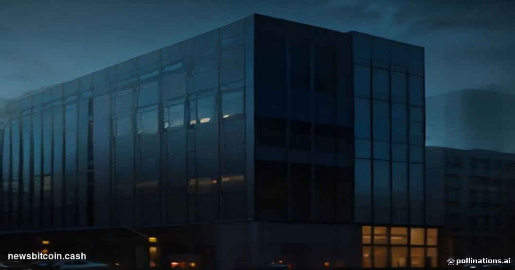 Cinematic photorealistic editorial photograph of the Coinbase headquarters exterior in San Francisco, shot at dusk with drama