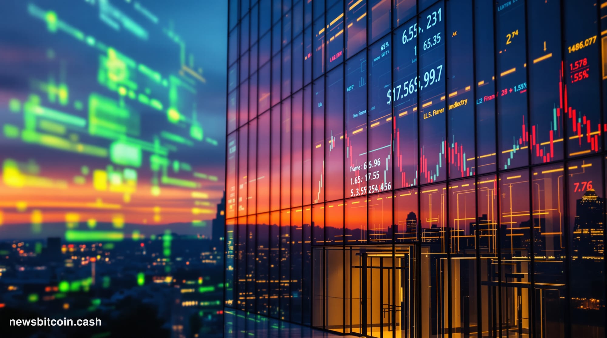 Cinematic photorealistic editorial photograph of Coinbase's San Francisco office exterior at dusk, glass facade reflecting th