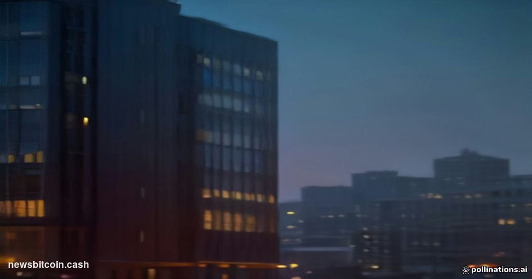 Cinematic photorealistic editorial photograph of Coinbase's San Francisco headquarters building exterior at dusk, dramatic lo