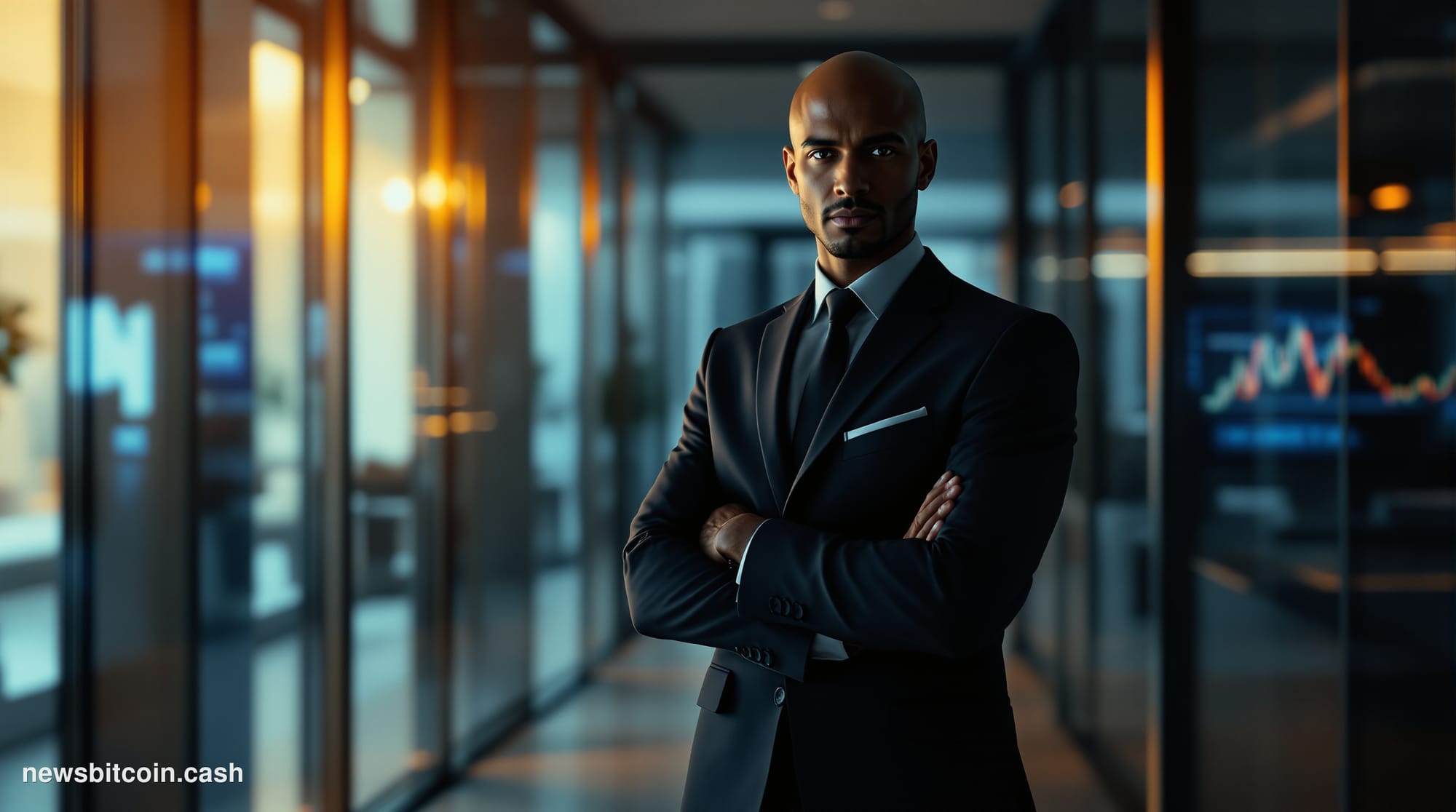Cinematic photorealistic editorial photograph of the Coinbase headquarters exterior in San Francisco's financial district at 