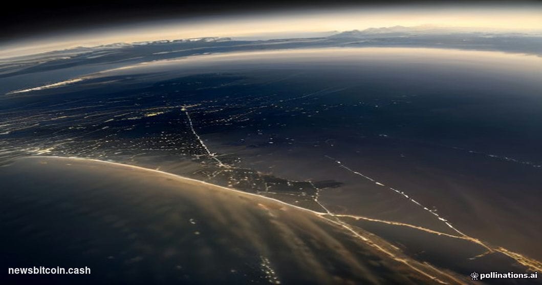 Cinematic photorealistic editorial photograph of a high-altitude aerial view of interconnected global trade routes rendered a