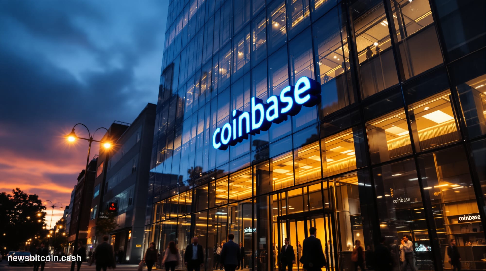 Cinematic photorealistic editorial photograph of the Coinbase headquarters exterior in San Francisco's financial district at 