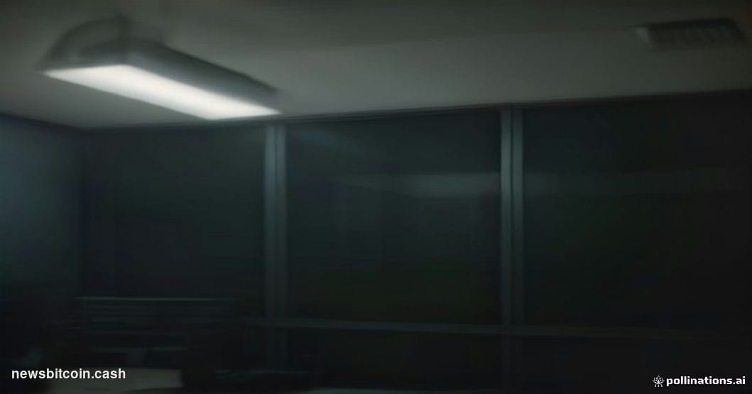 Cinematic photorealistic editorial photograph of a darkened cryptocurrency exchange operations center, specifically evoking a