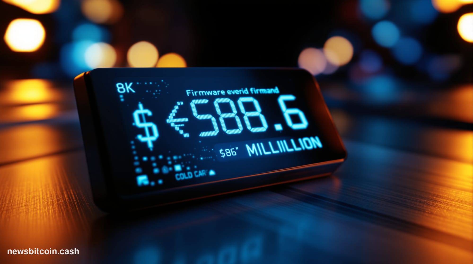 Cinematic photorealistic editorial photograph of a Coldcard hardware Bitcoin wallet device sitting on a dark matte surface, d