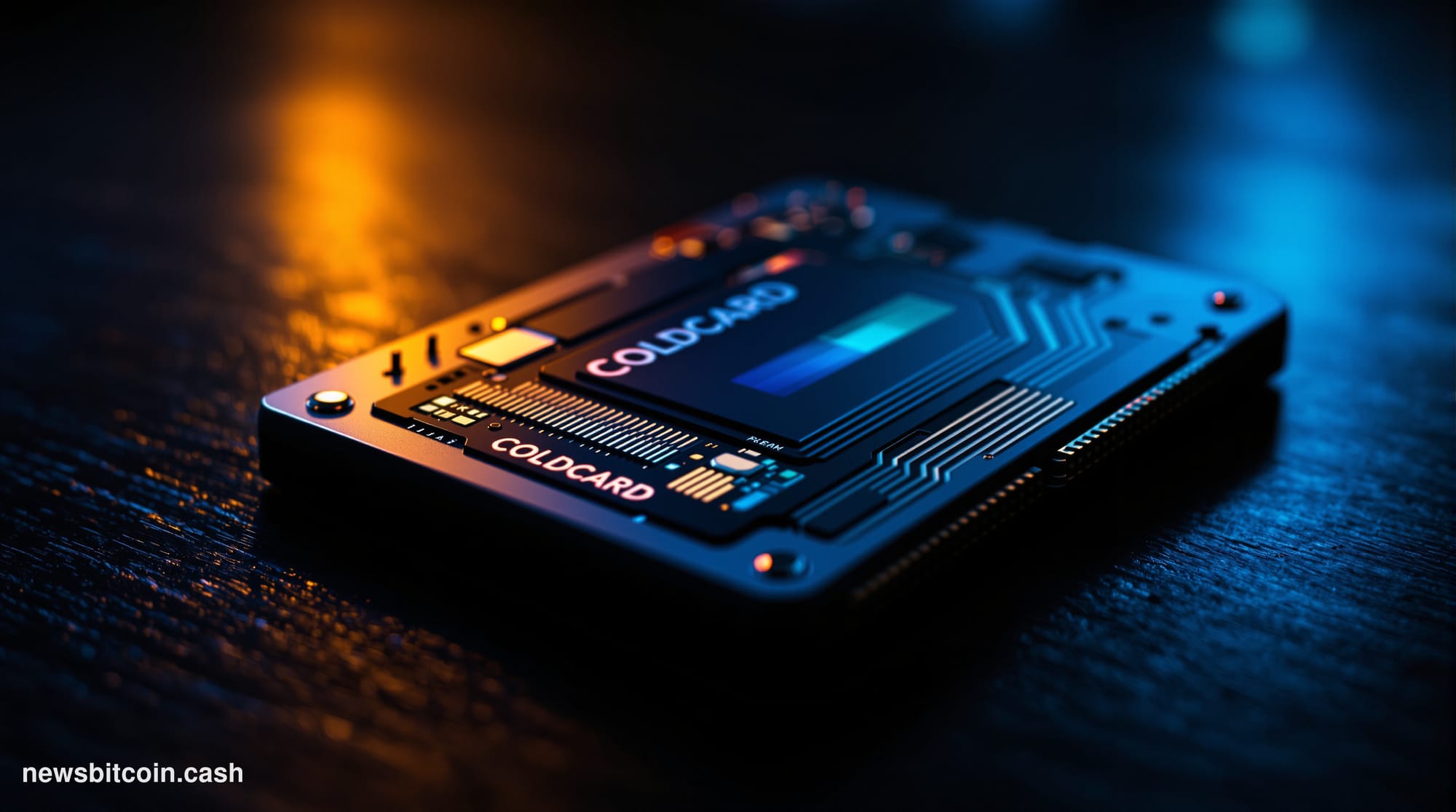 A cinematic photorealistic editorial photograph of a physical hardware cryptocurrency wallet device resting on a dark matte s