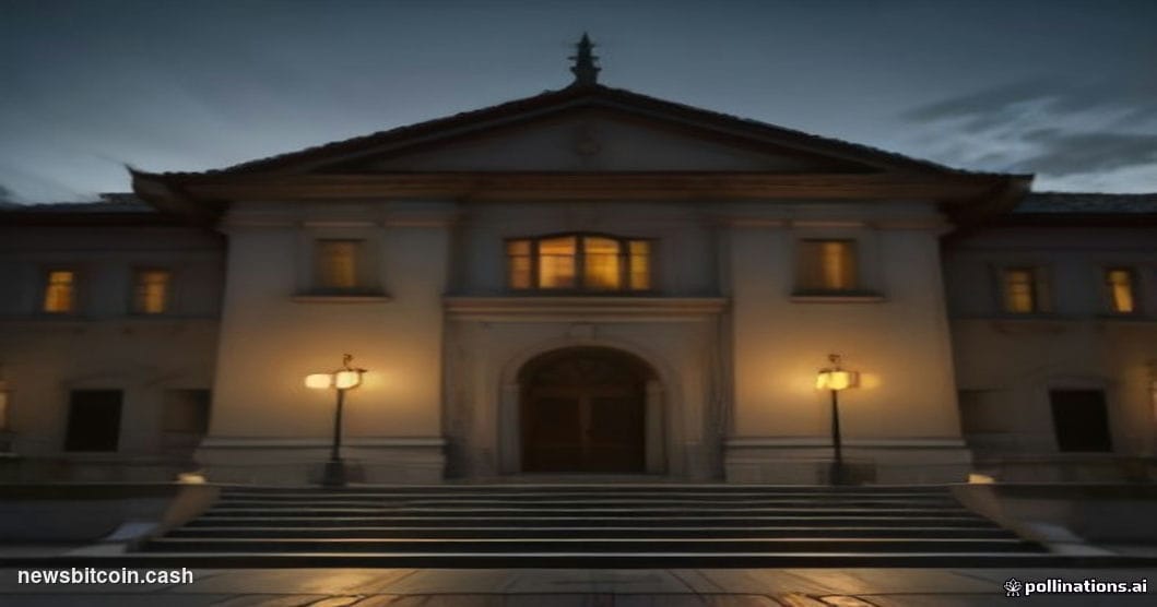 Cinematic photorealistic editorial photograph of a Colombian courthouse exterior at dusk, dramatic low-angle shot with warm a