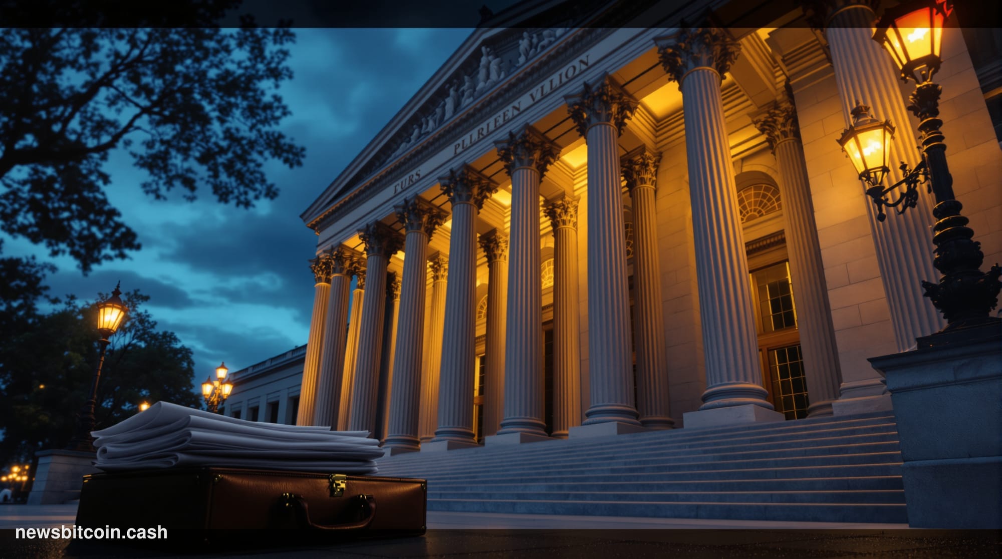 Cinematic photorealistic editorial photograph of the imposing neoclassical facade of the Office of the Comptroller of the Cur