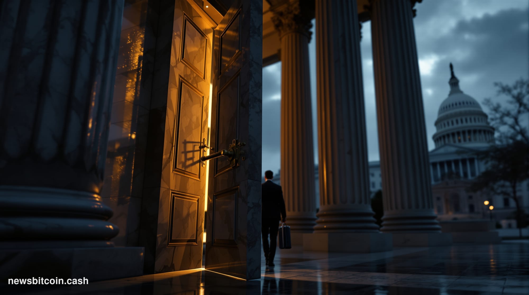 A cinematic photorealistic editorial photograph of the exterior of a stately neoclassical bank building in Washington D.C., b