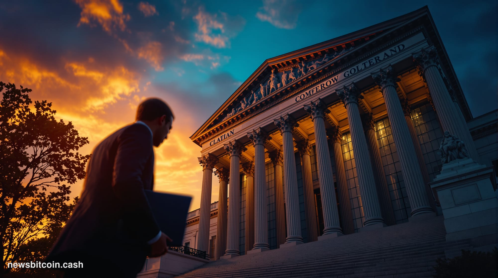 Cinematic photorealistic editorial photograph of the imposing neoclassical facade of the Office of the Comptroller of the Cur
