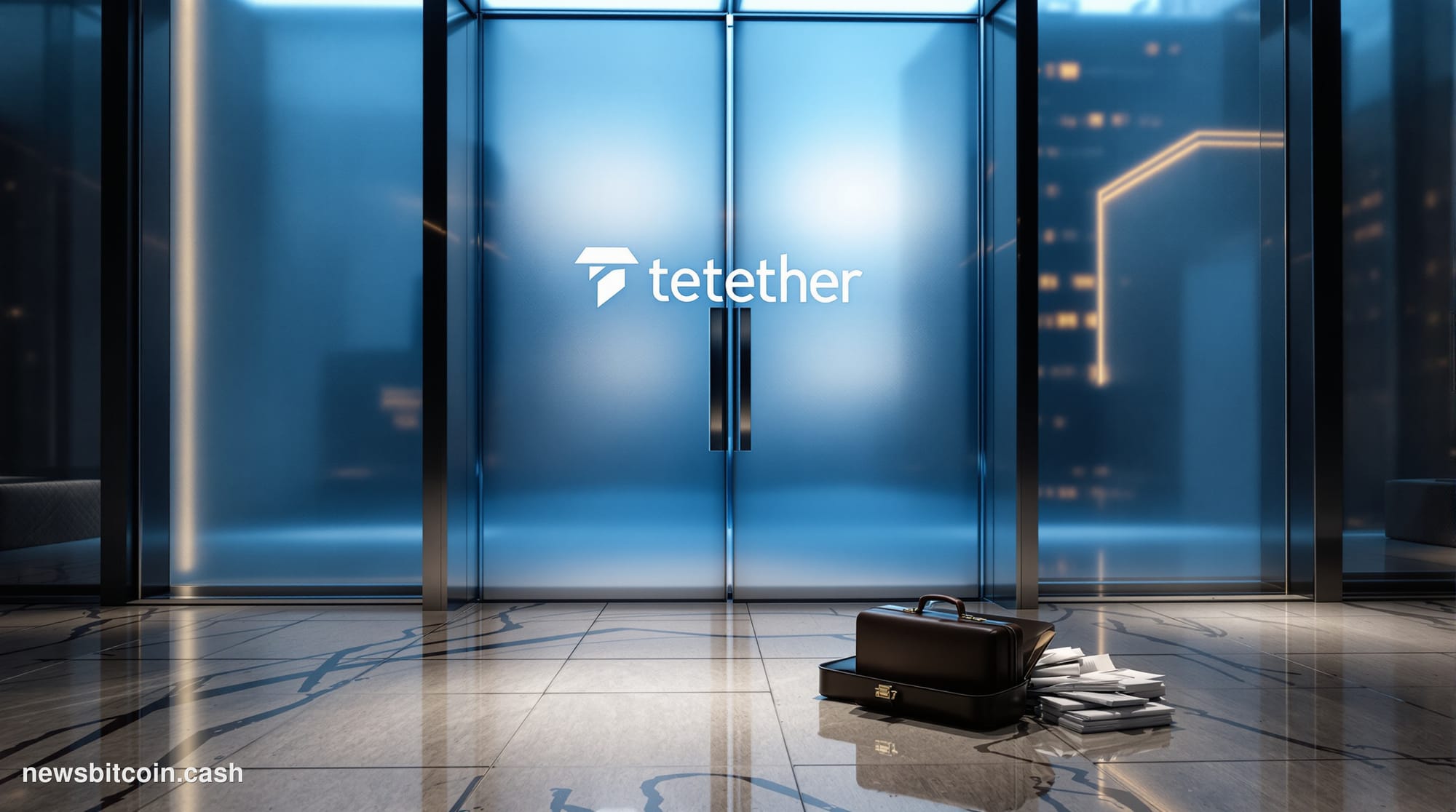 Cinematic photorealistic editorial photograph of Tether's corporate identity rendered on a frosted glass office entrance in a