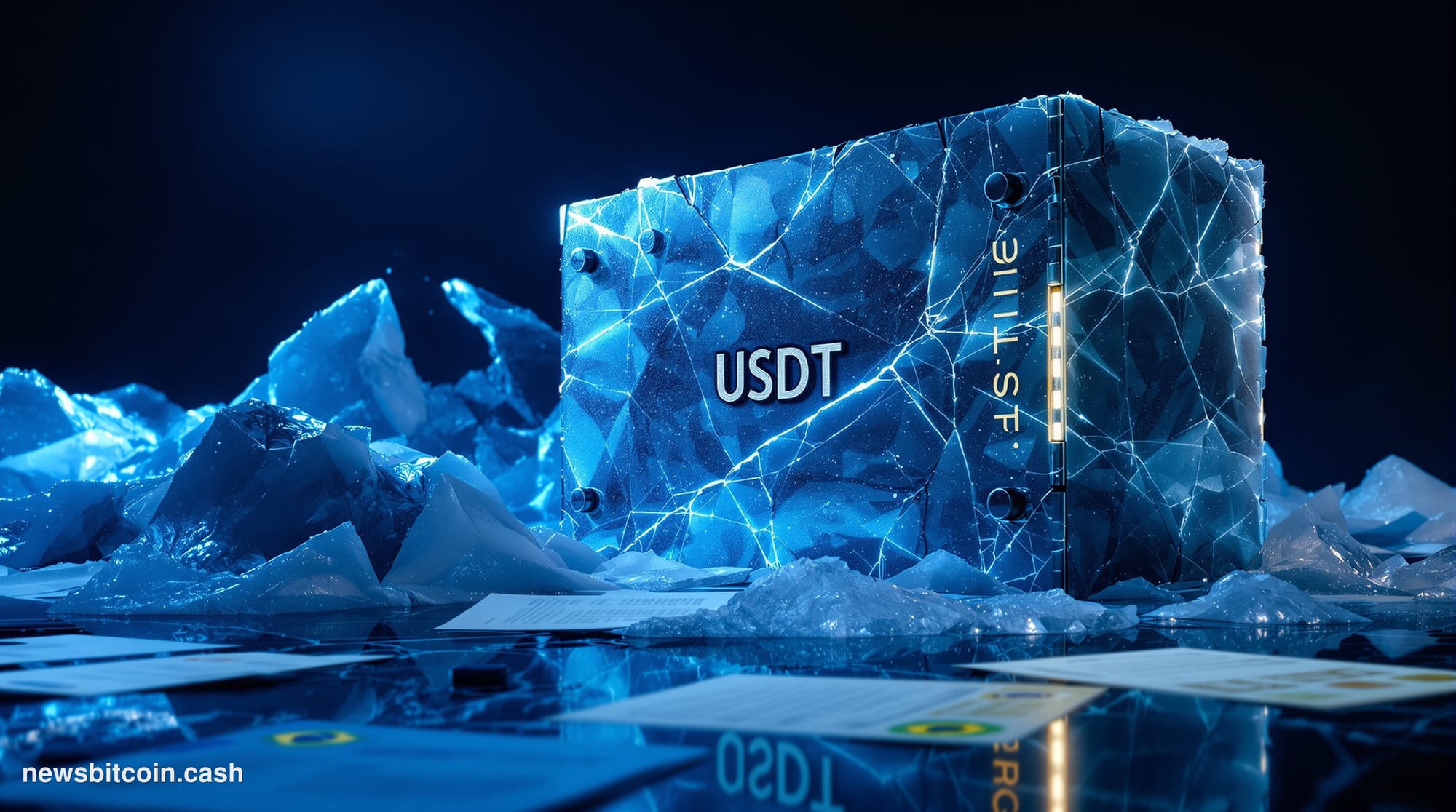 Cinematic photorealistic editorial photograph of a frozen, ice-encrusted digital vault or safe bearing subtle gold "USDT" let