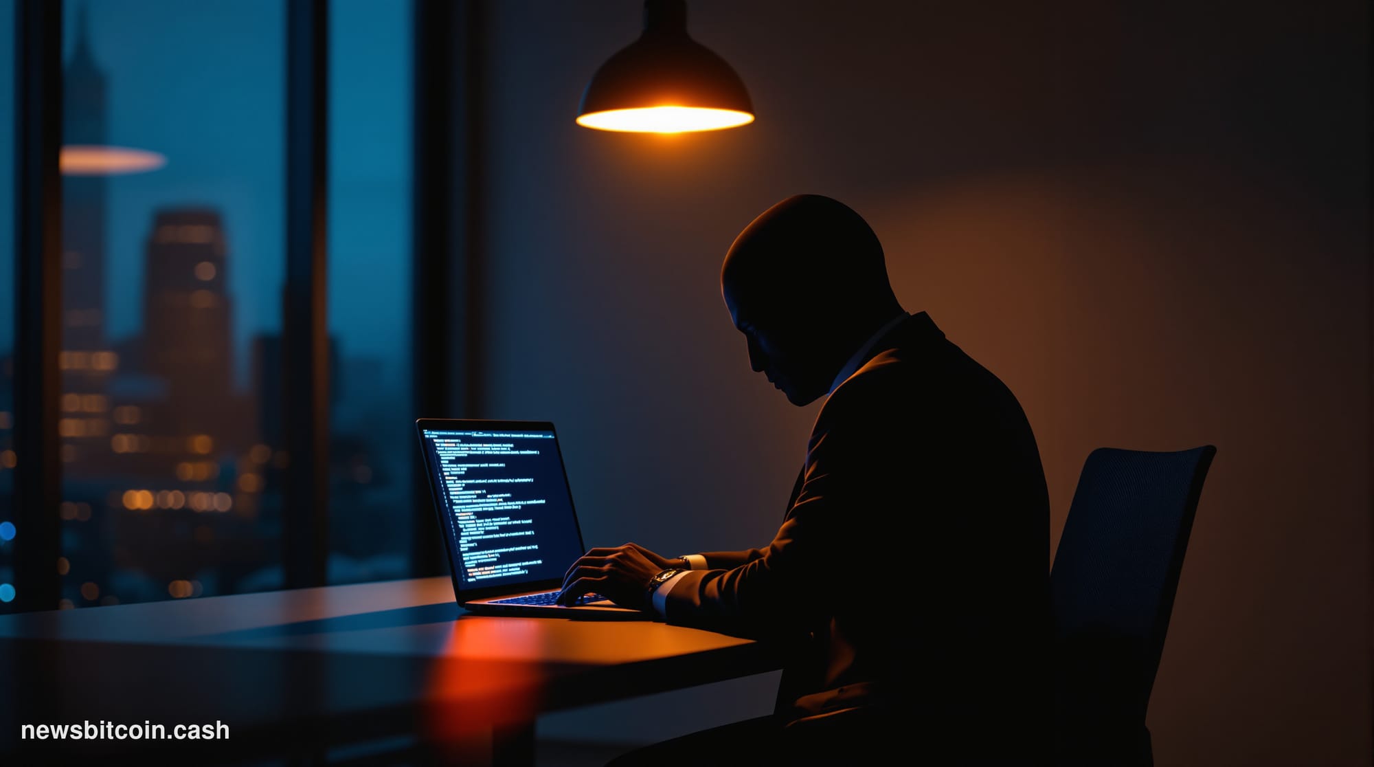 Cinematic photorealistic editorial photograph of a shadowy figure seated at a dimly lit workstation, multiple monitors castin