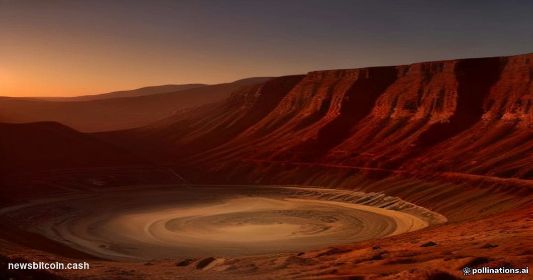 Cinematic photorealistic editorial photograph of a vast open-pit copper mine at dusk, the terraced rust-red and ochre walls d