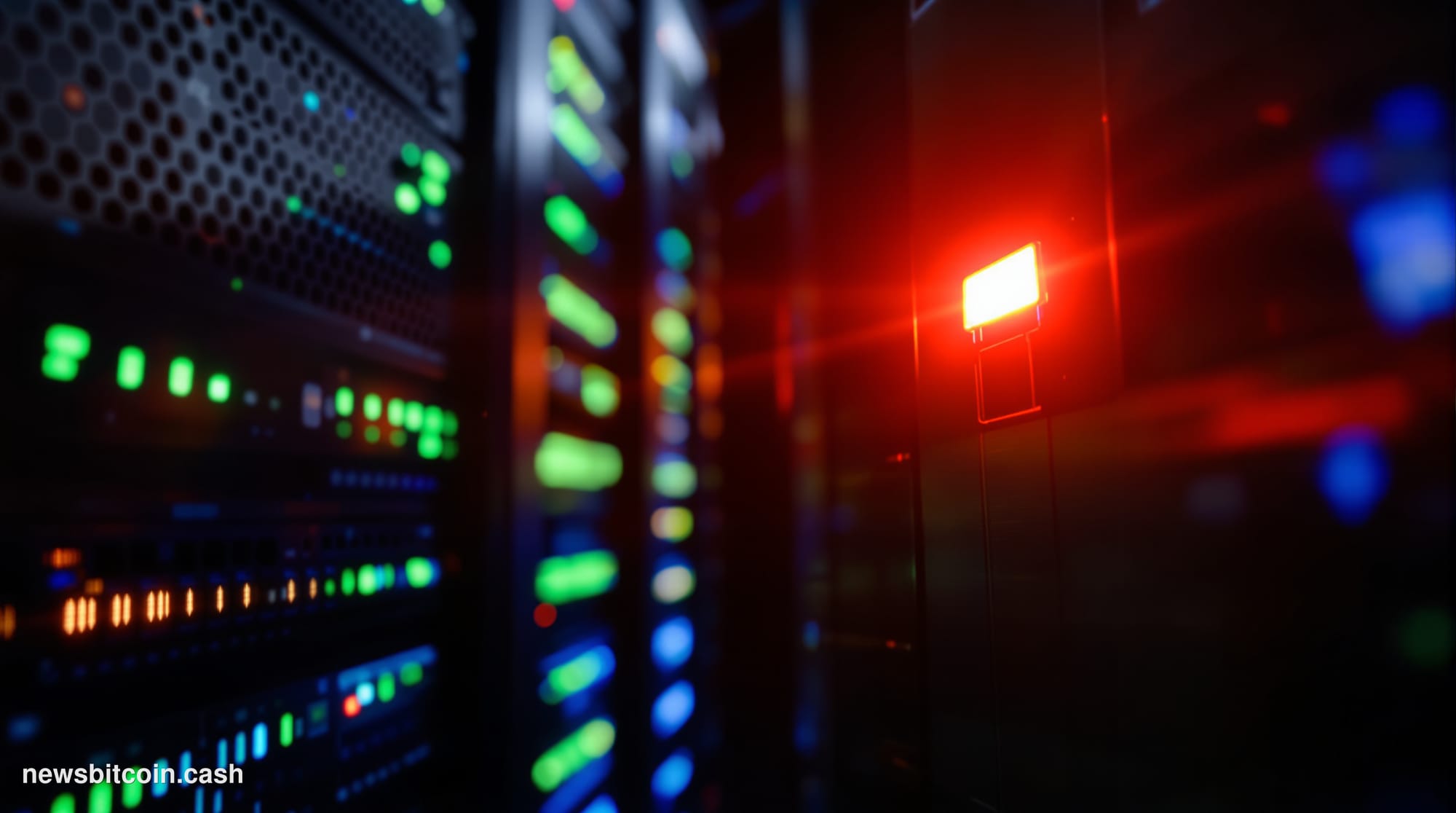 A cinematic photorealistic editorial photograph shot from a low angle looking up at a dense rack of humming network servers i