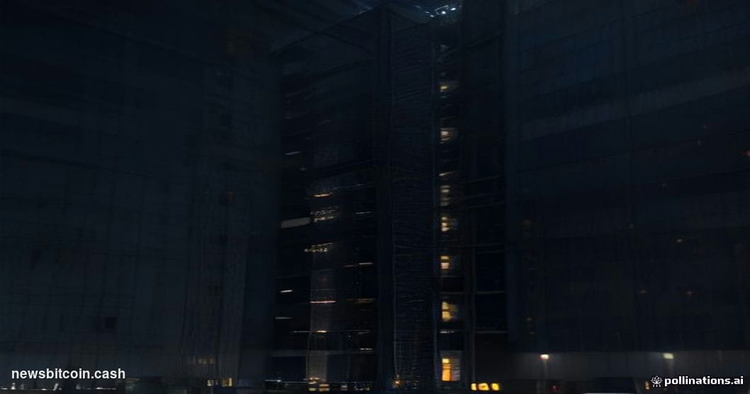 A cinematic photorealistic editorial photograph of a large, modern data center facility at dusk, shot from a low angle lookin