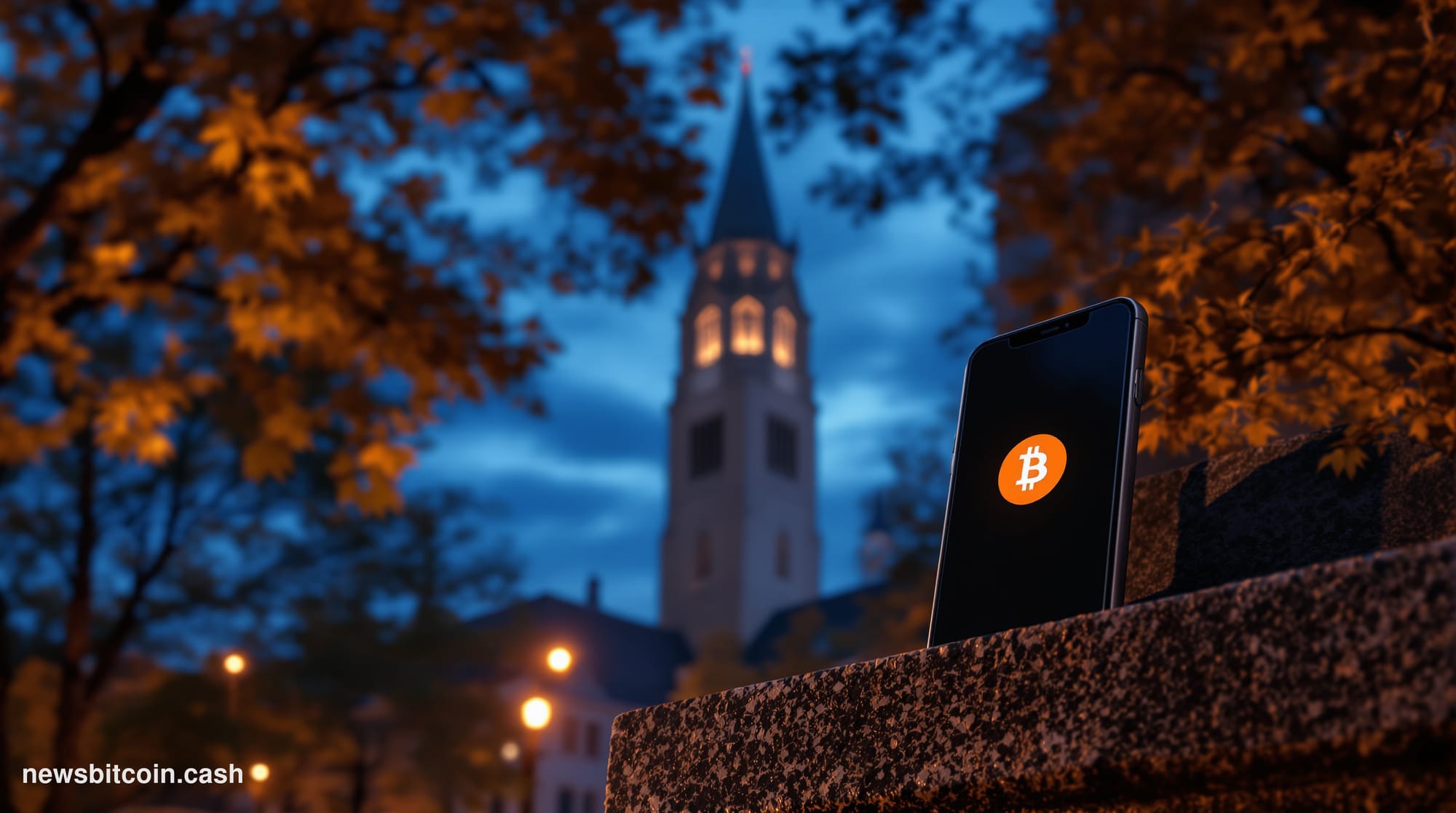 Cinematic photorealistic editorial photograph of Cornell University's iconic McGraw Tower and Arts Quad at dusk, shot from a 