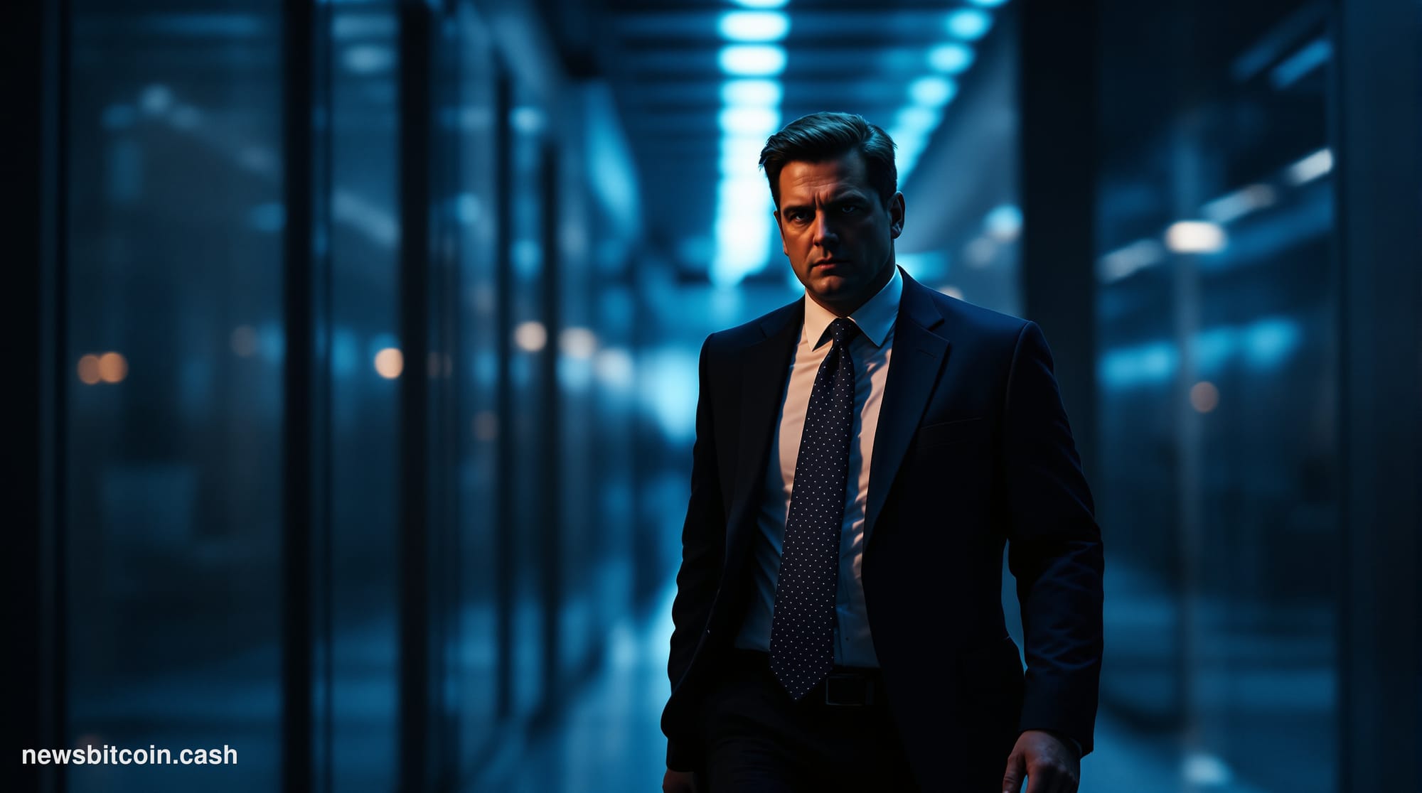 Cinematic photorealistic editorial photograph of a lone figure in a dark business suit standing at the edge of a rain-slicked