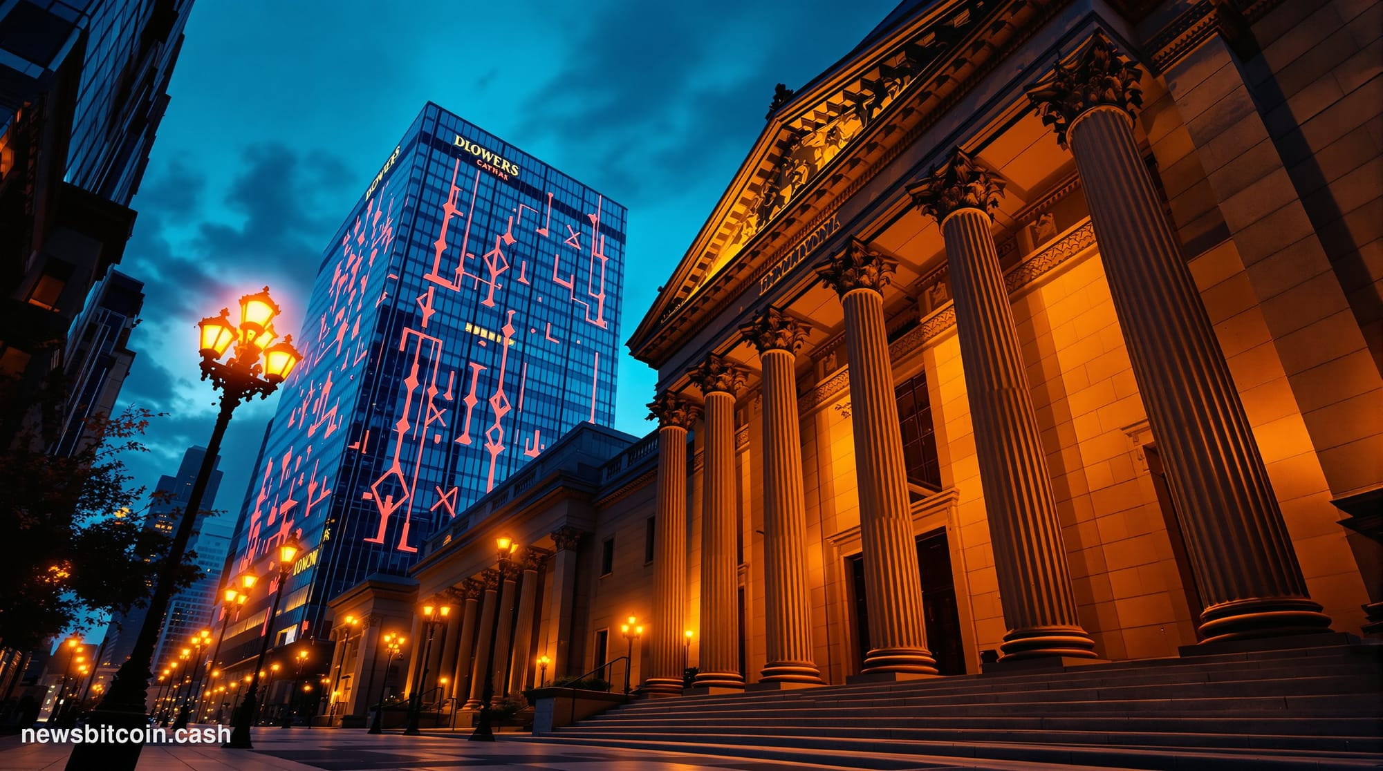 Cinematic photorealistic editorial photograph of Wall Street's financial district at dusk, with the recognizable neoclassical