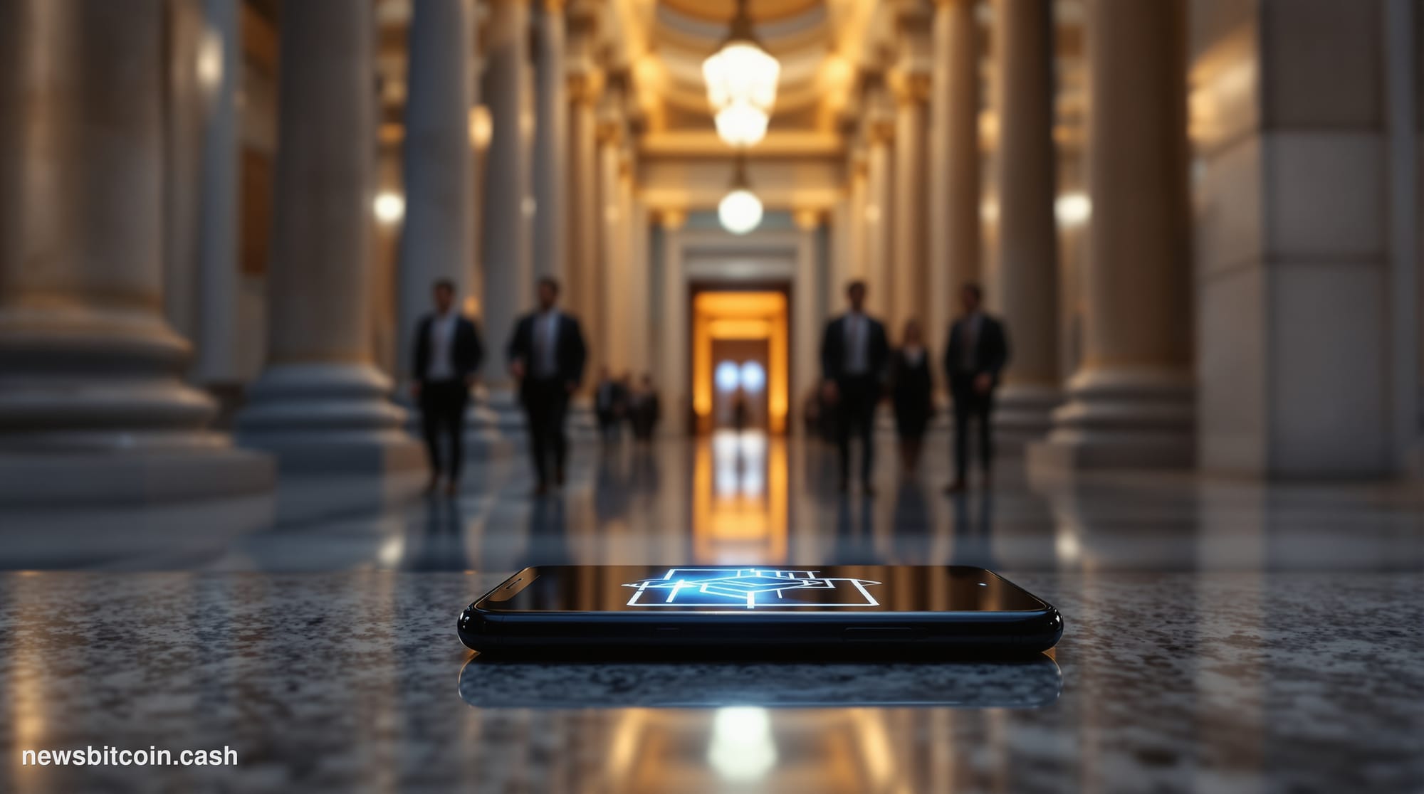 A cinematic photorealistic editorial photograph shot inside a grand marble-columned United States Senate corridor at dusk, wi