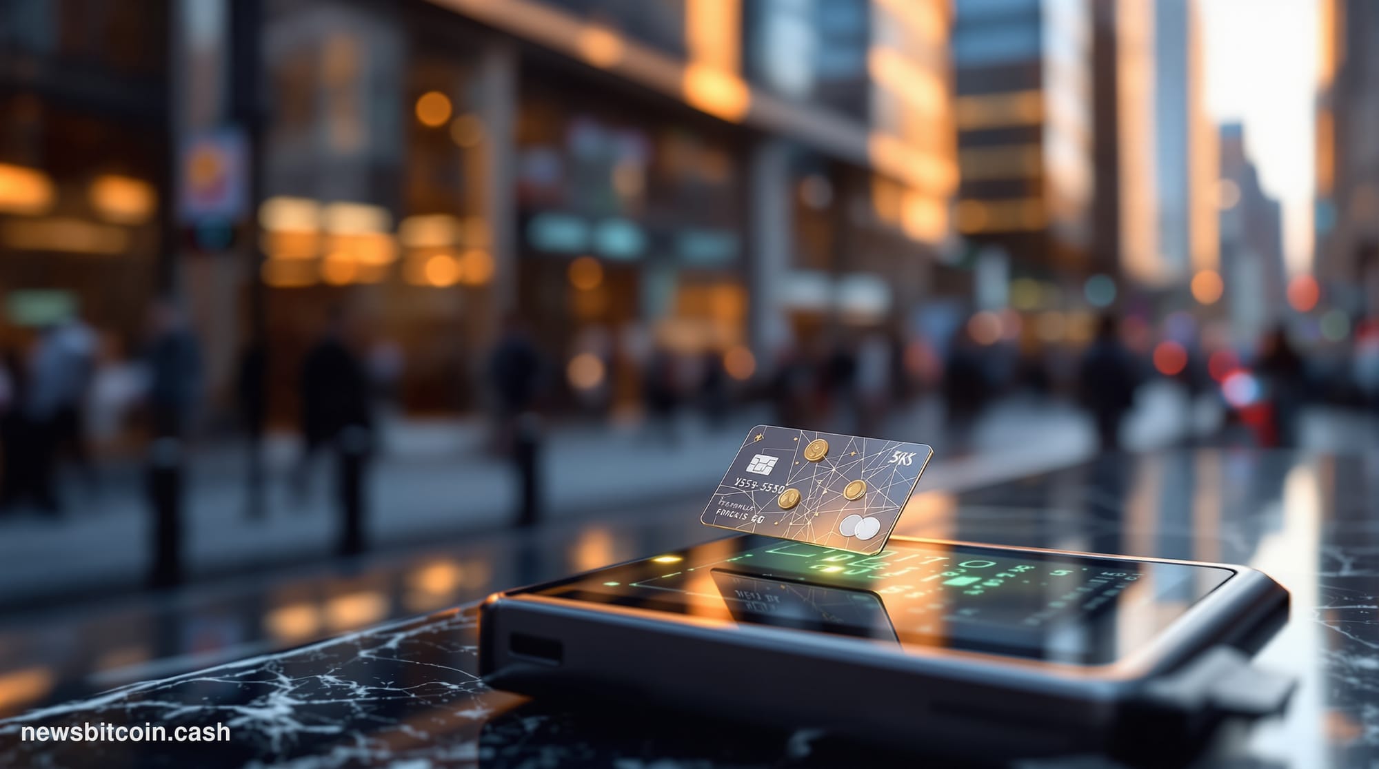 Cinematic photorealistic editorial photograph of a sleek contactless payment terminal on a polished dark marble counter, with