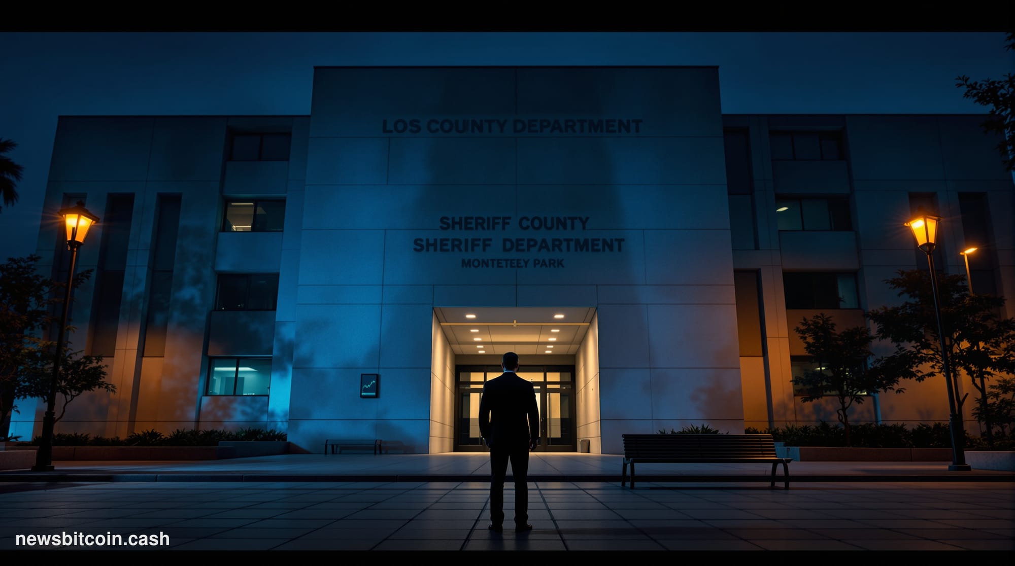 A cinematic photorealistic editorial photograph set outside the Los Angeles County Sheriff's Department headquarters in Monte