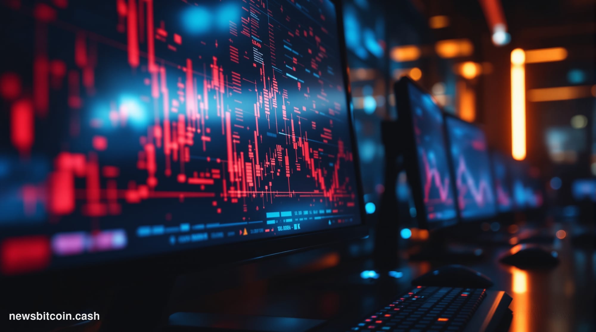 Cinematic photorealistic editorial photograph of a dimly lit cryptocurrency trading floor environment, multiple monitors disp