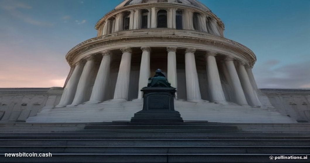 A cinematic photorealistic editorial photograph shot at eye level from a low angle looking up at the Ohio State Capitol build