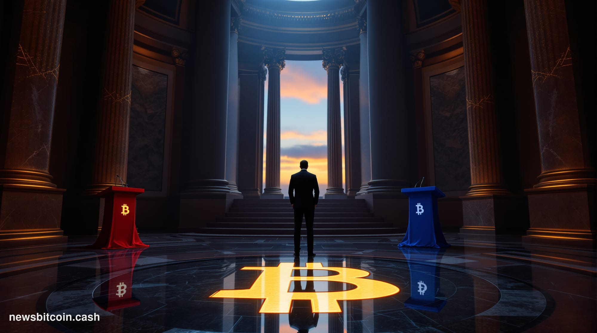 A cinematic photorealistic editorial photograph set inside a grand marble-columned legislative chamber at dusk, with dramatic