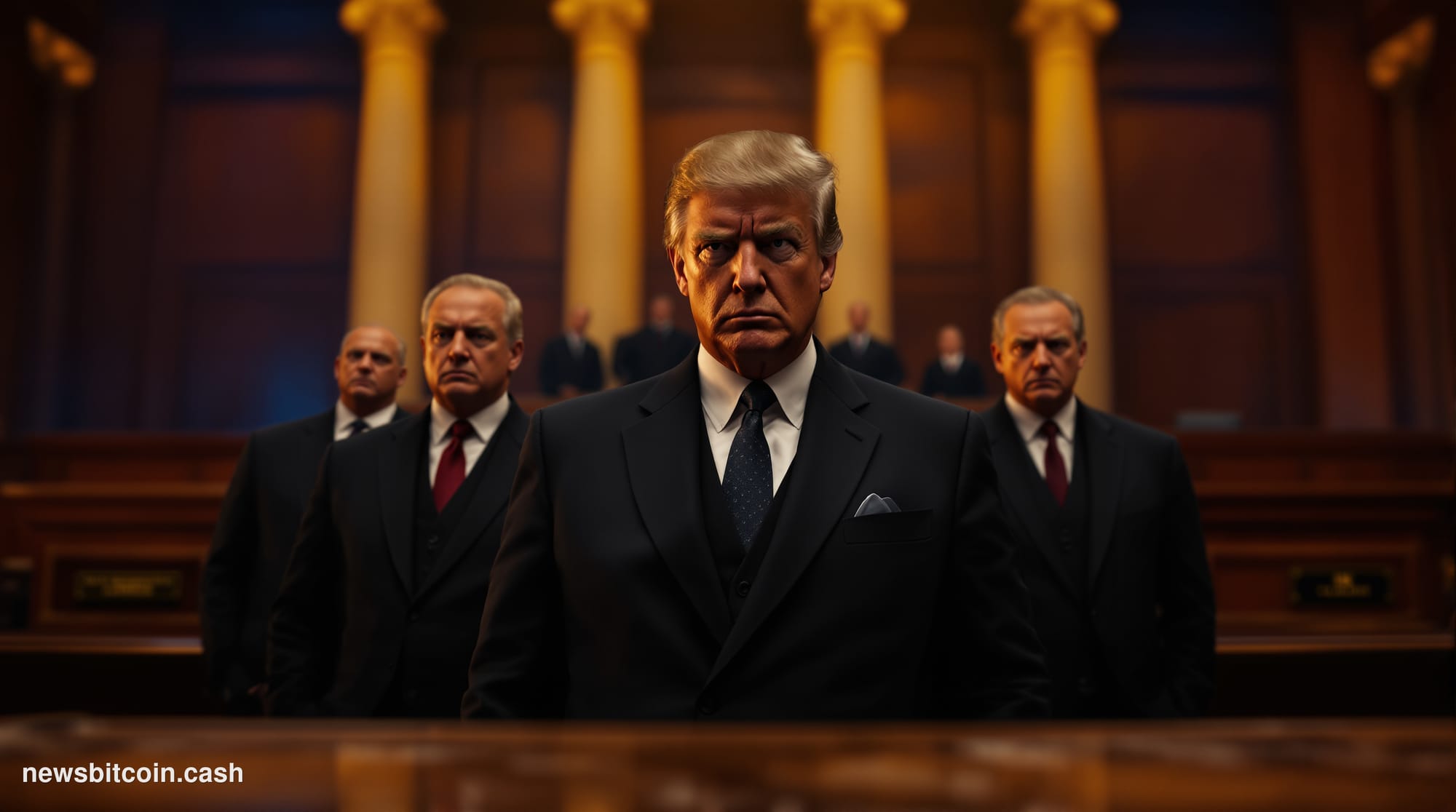 A dramatic photorealistic editorial photograph of the United States Supreme Court building in Washington D.C., shot from a lo
