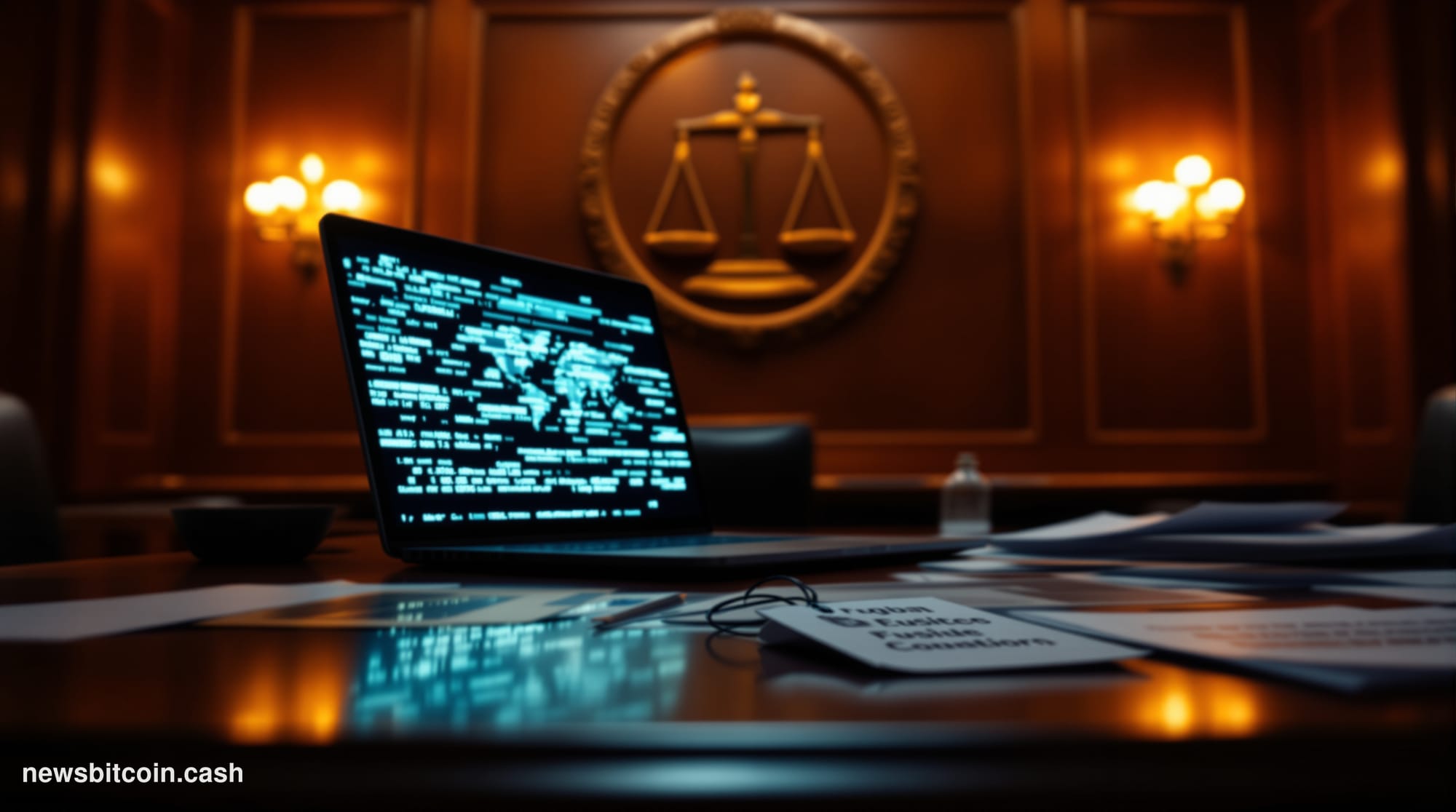 A cinematic photorealistic editorial photograph set in a dimly lit federal courtroom, dramatic side-lighting casting sharp sh