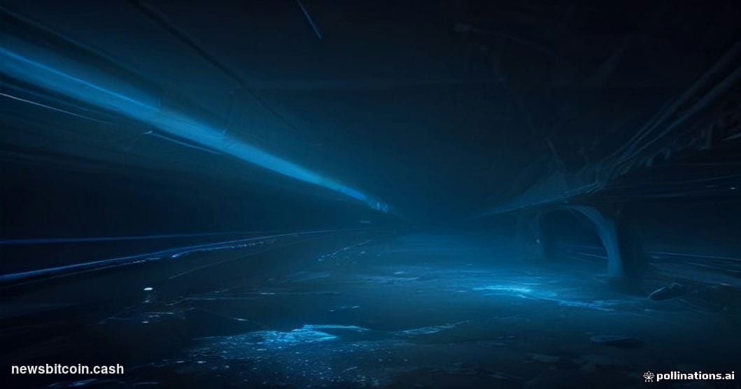 Cinematic photorealistic editorial photograph of a fractured digital bridge structure rendered in glowing neon blue and amber