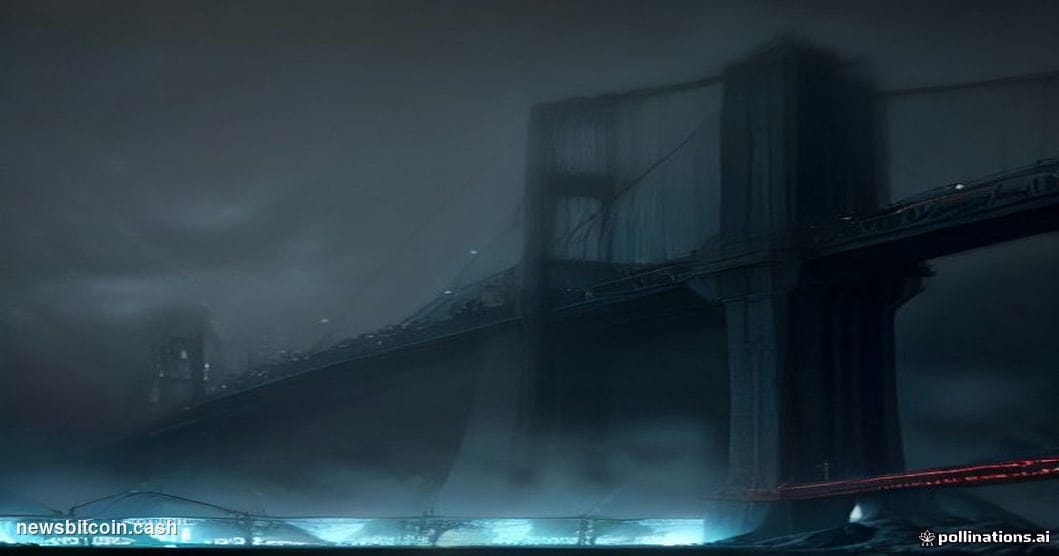 Cinematic photorealistic editorial photograph of a dramatic digital infrastructure scene: a cracked and frozen suspension bri