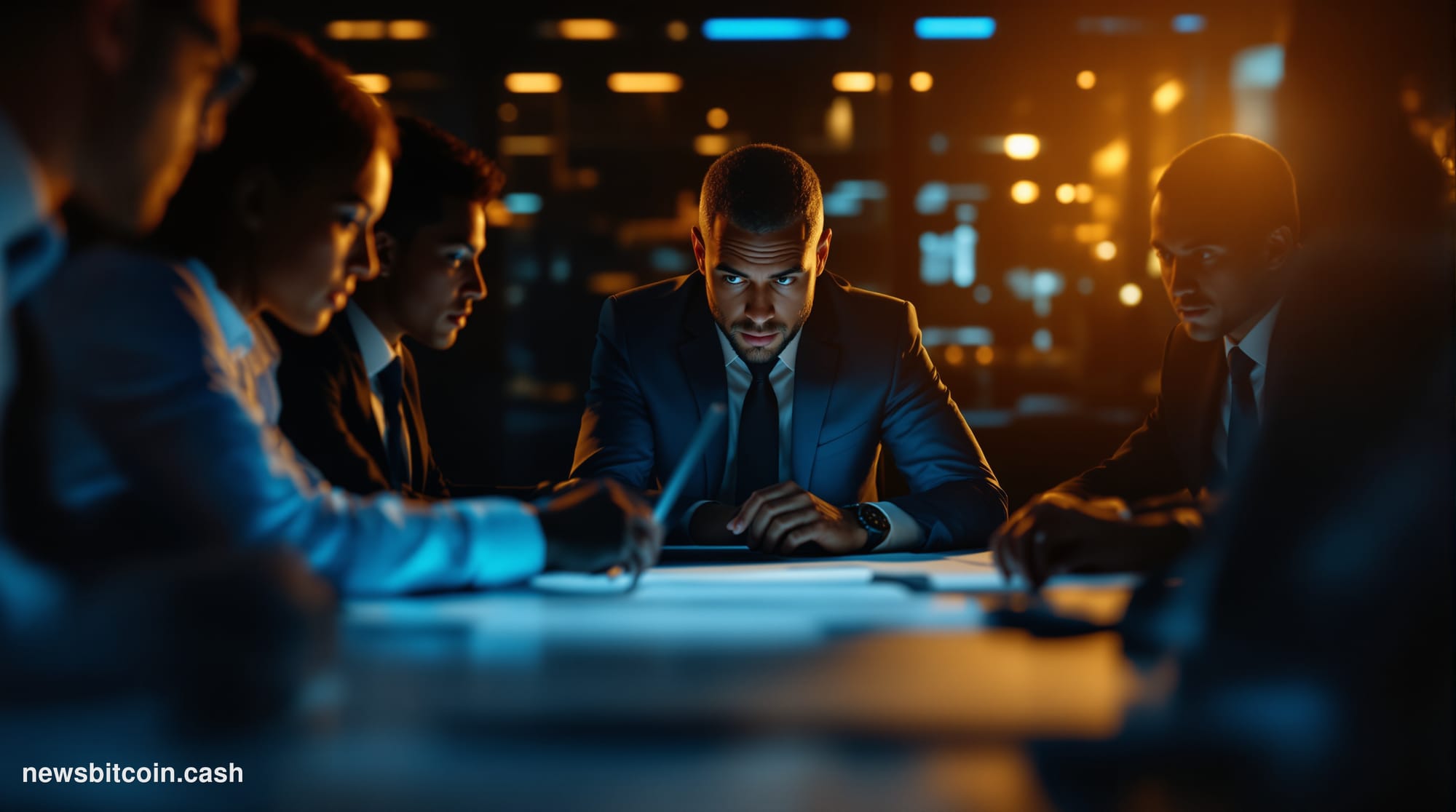 A cinematic photorealistic editorial photograph showing a modern glass-walled conference room during a tense boardroom meetin