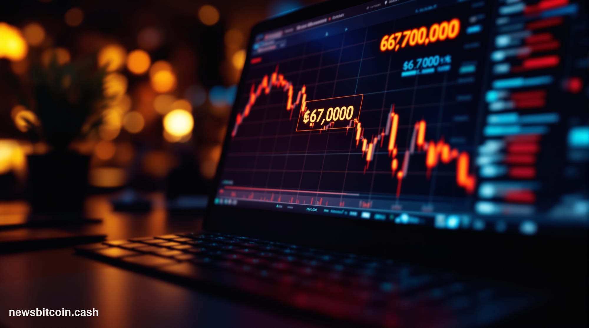 A cinematic photorealistic editorial photograph of Bitcoin trading screens displaying red candlestick charts showing the pric