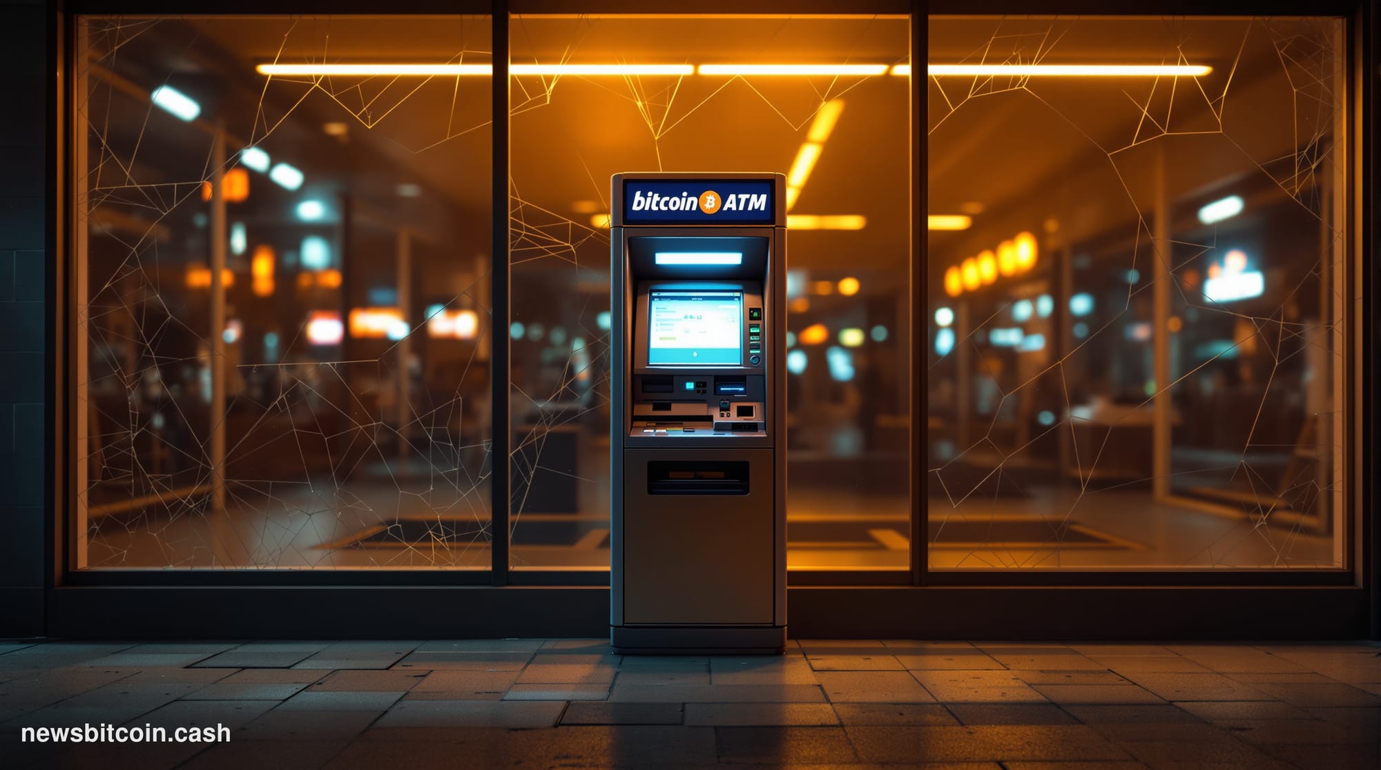 A cinematic photorealistic editorial photograph showing a Bitcoin ATM kiosk in an abandoned or closing retail location, shot 