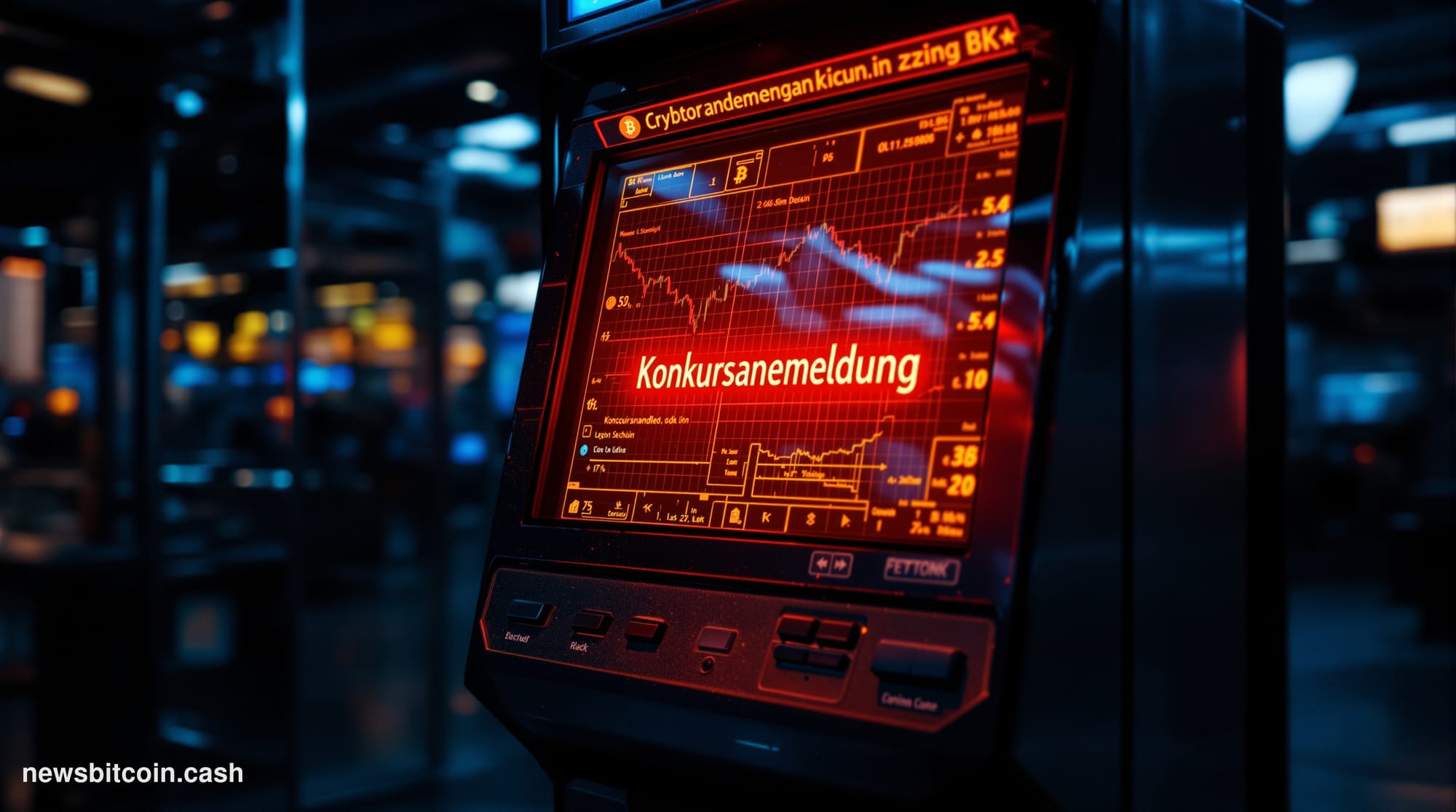 A cinematic photorealistic editorial photograph of a Bitcoin ATM kiosk in an empty convenience store or gas station, dramatic