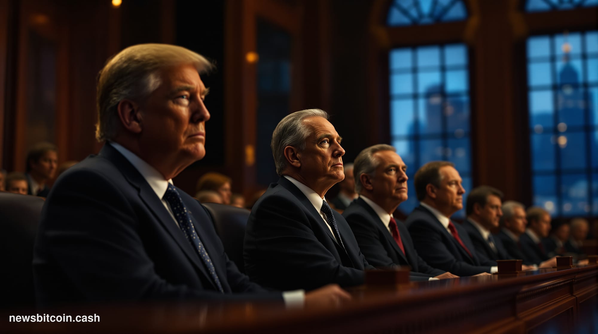 A cinematic photorealistic editorial photograph of the United States Capitol building's Senate chamber entrance, shot from a 