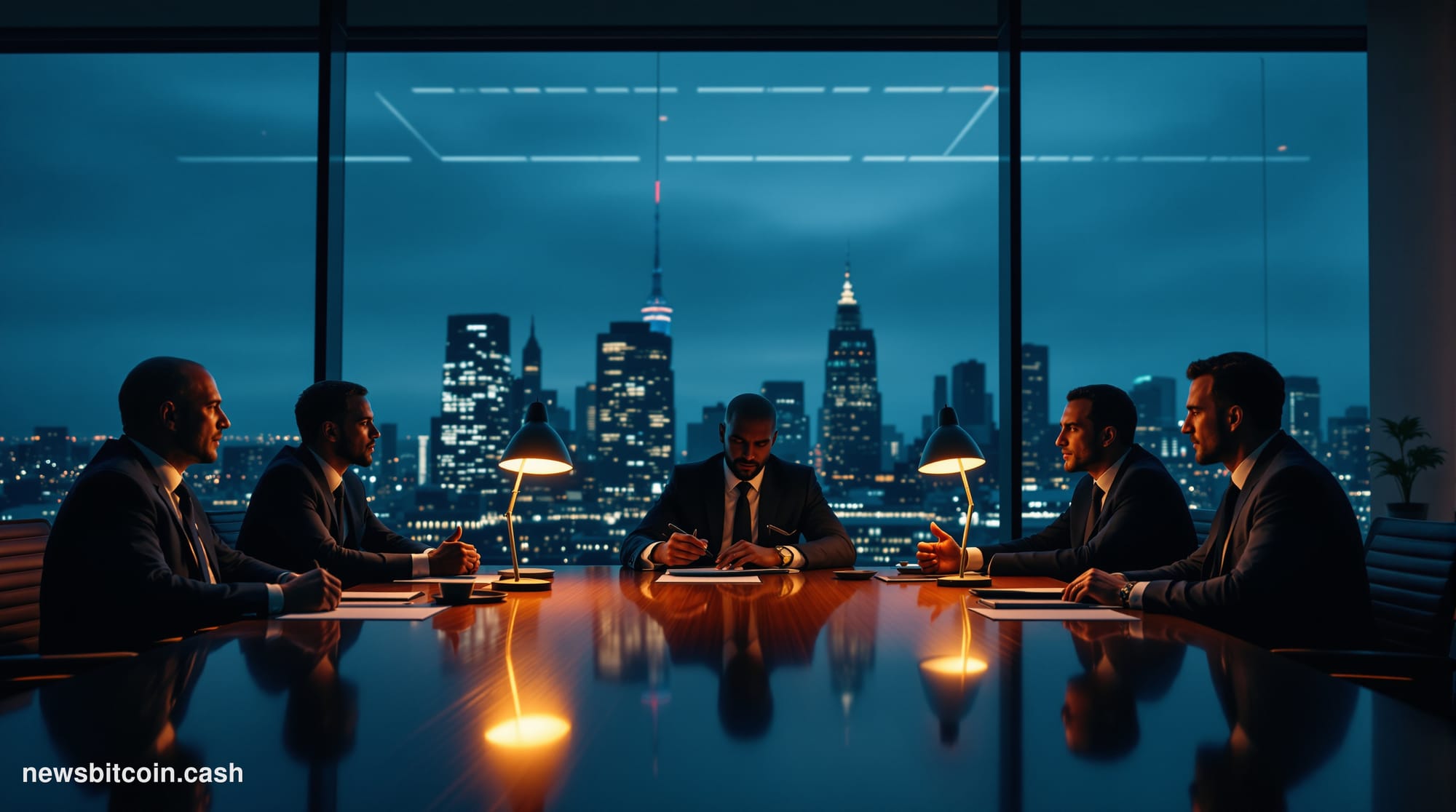A cinematic photorealistic editorial photograph showcasing Standard Chartered's corporate headquarters in London's financial 