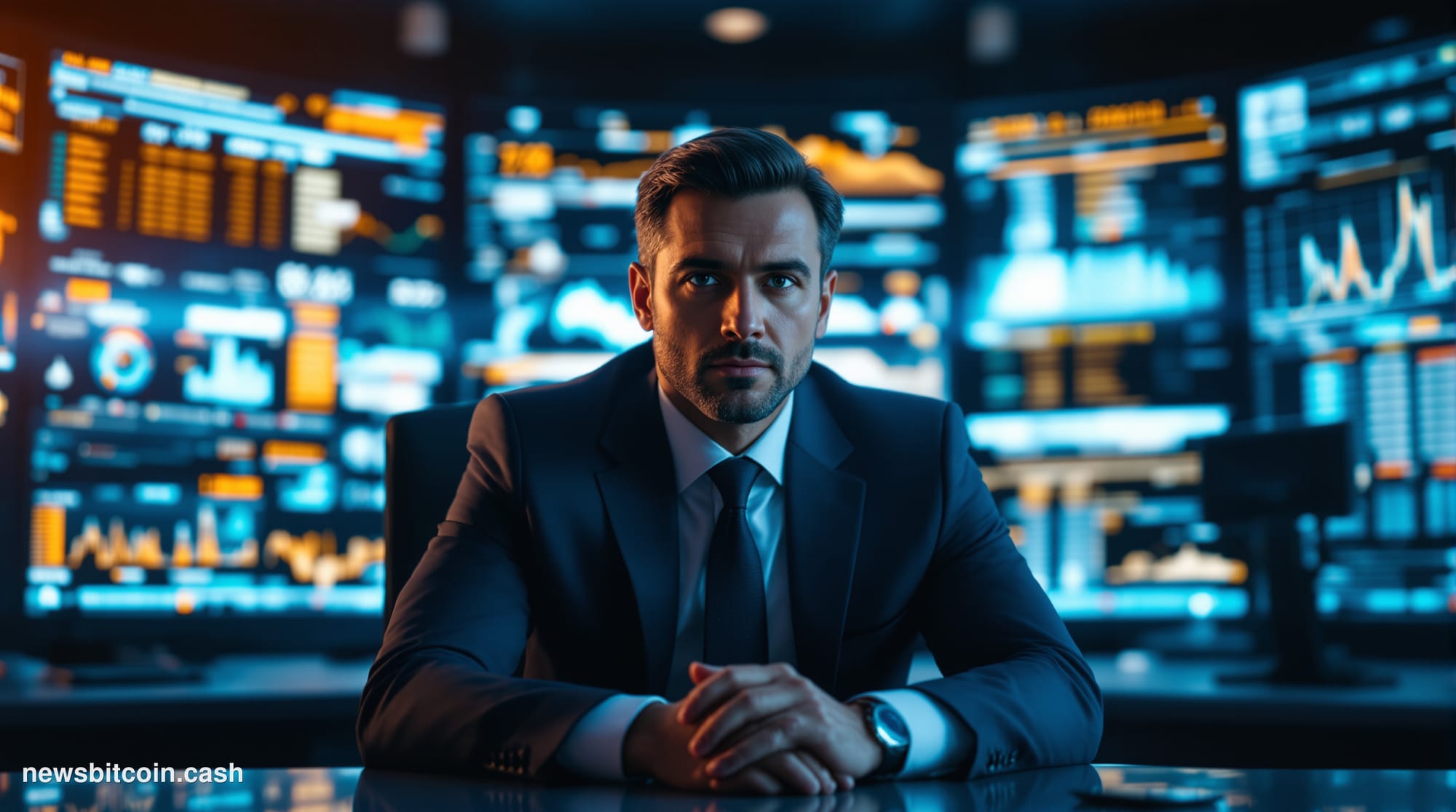 A cinematic photorealistic editorial photograph of a modern corporate headquarters building at dusk, with warm golden light e