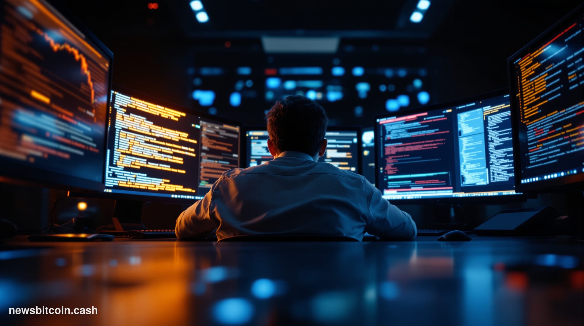 A cinematic photorealistic editorial photograph showing a modern data center server room in partial darkness, with rows of se